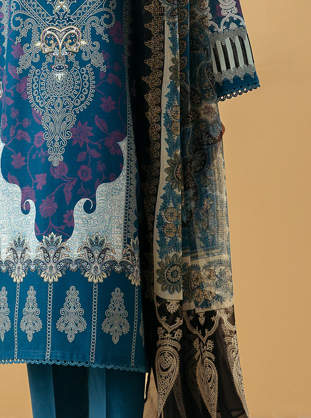 3 PIECE - PRINTED KHADDAR SUIT - BLUE PEACOCK - Image 2