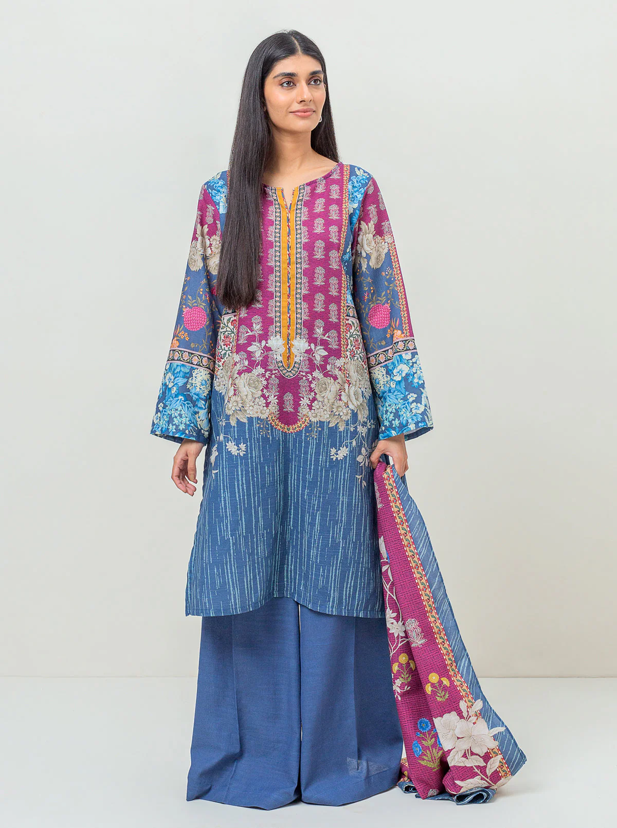 3 PIECE - PRINTED KHADDAR SUIT - MISTY SEA - Image 2
