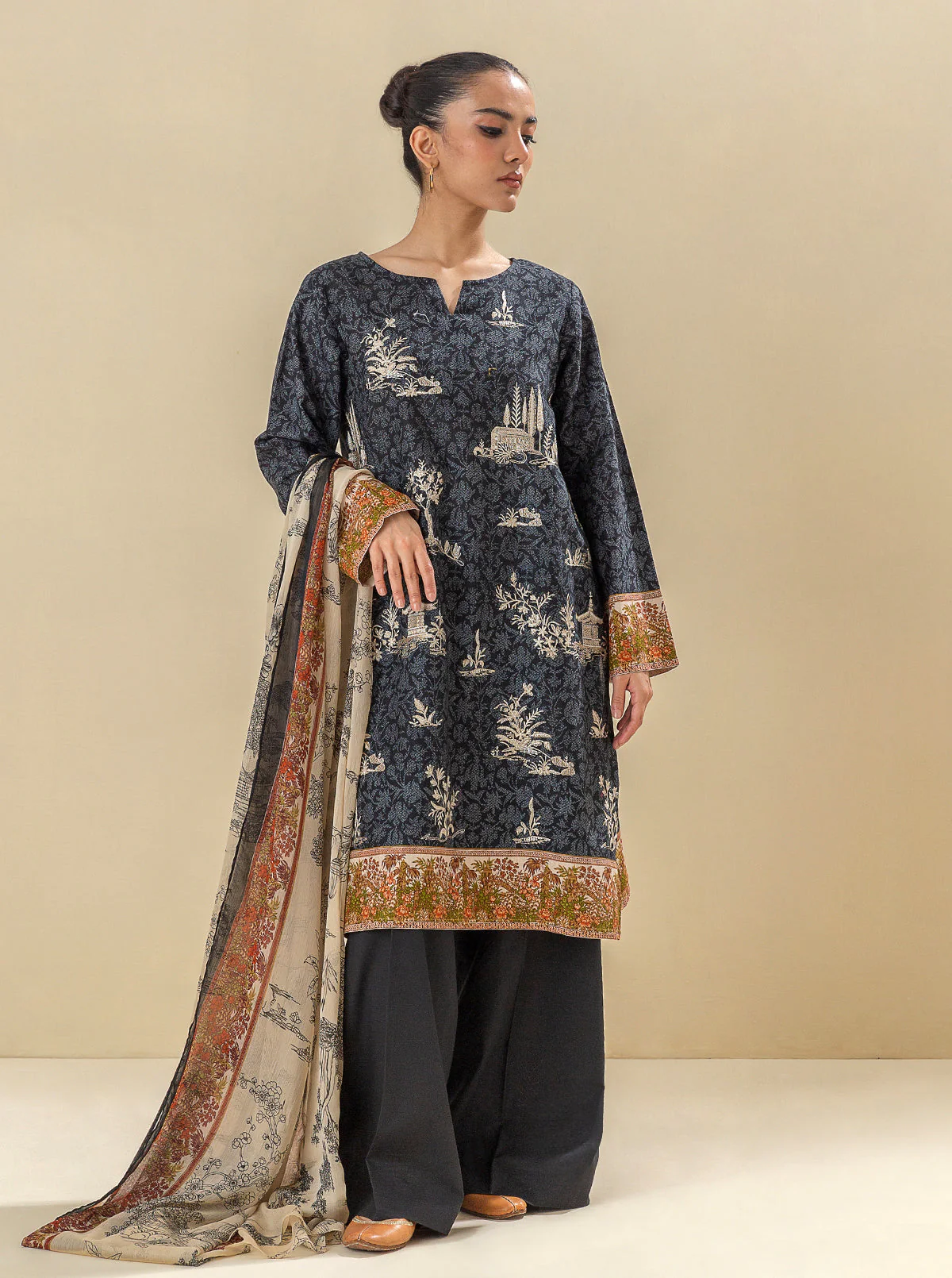 3 PIECE - EMBROIDERED  KHADDAR SUIT - TUXEDO BLACK - Image 2