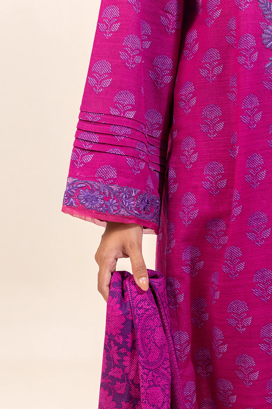 3 PIECE EMBROIDERED KHADDAR SUIT-PHLOX PINK (UNSTITCHED) - Image 6