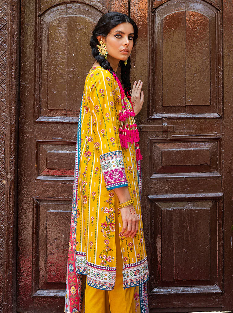 3 PIECE - PRINTED LAWN SUIT - MUSTARD FLORAL - Image 2