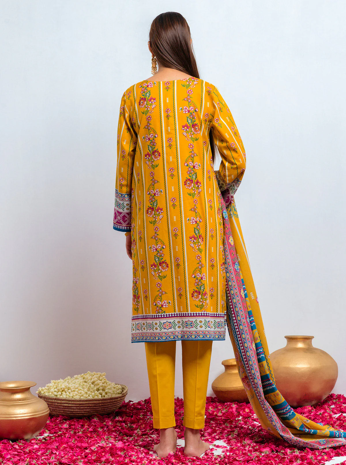 3 PIECE - PRINTED LAWN SUIT - MUSTARD FLORAL - Image 6