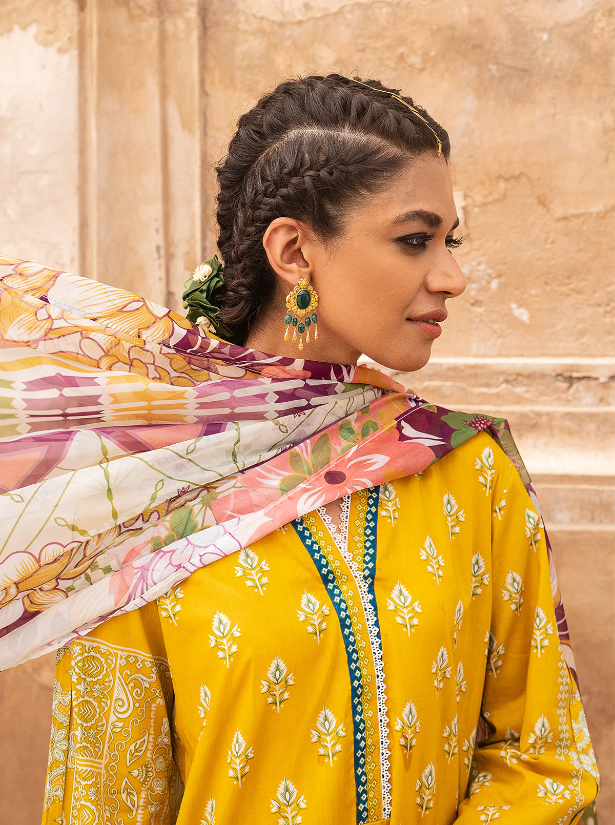 3 PIECE - PRINTED LAWN SUIT - YELLOW OCHRE - Image 2