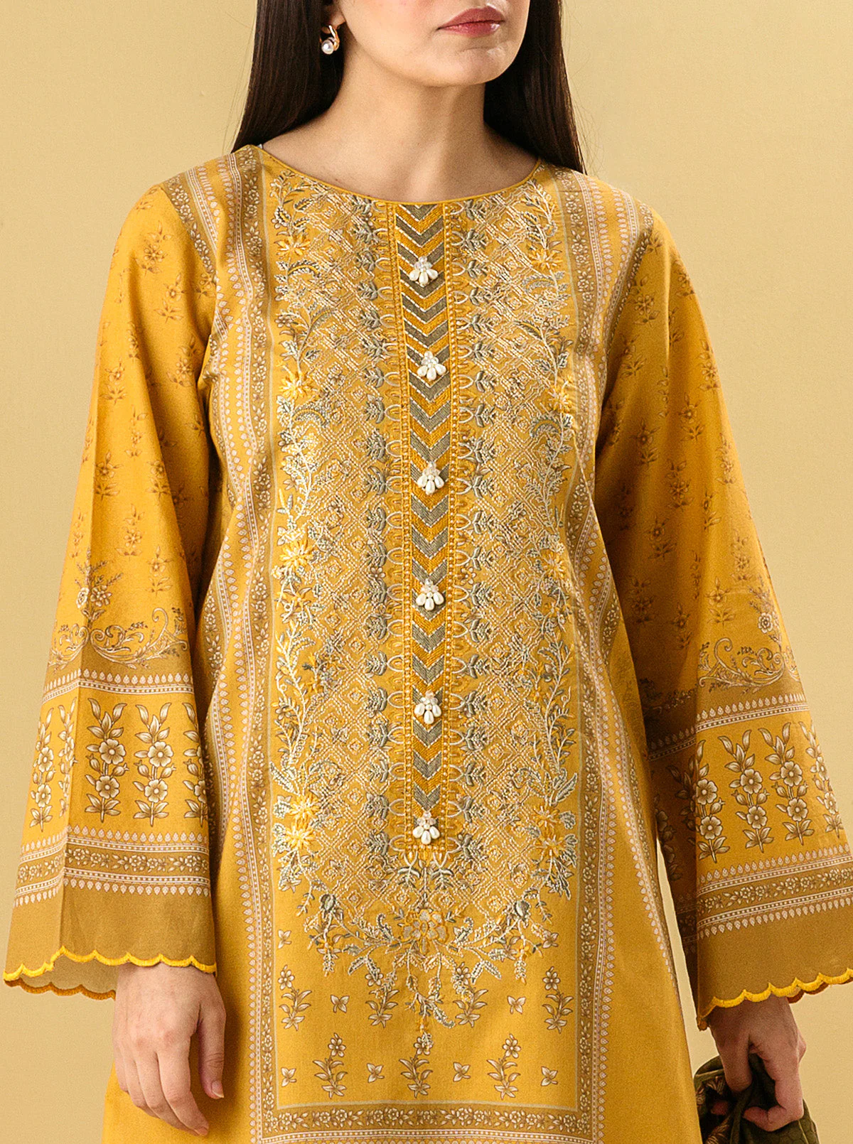 3 PIECE - EMBROIDERED LAWN SUIT - CLASSIC OCHRE - Image 4