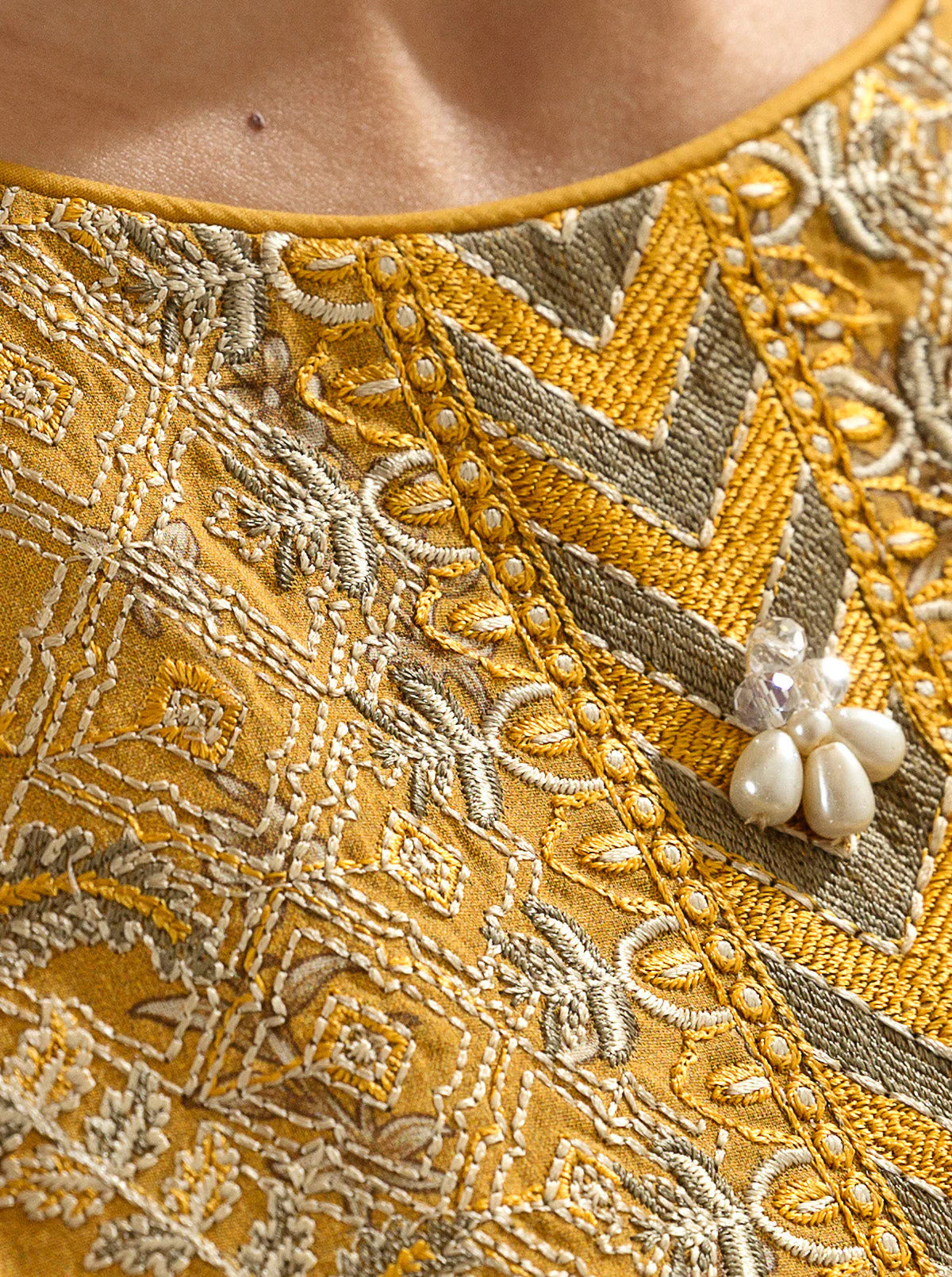 3 PIECE - EMBROIDERED LAWN SUIT - CLASSIC OCHRE - Image 5