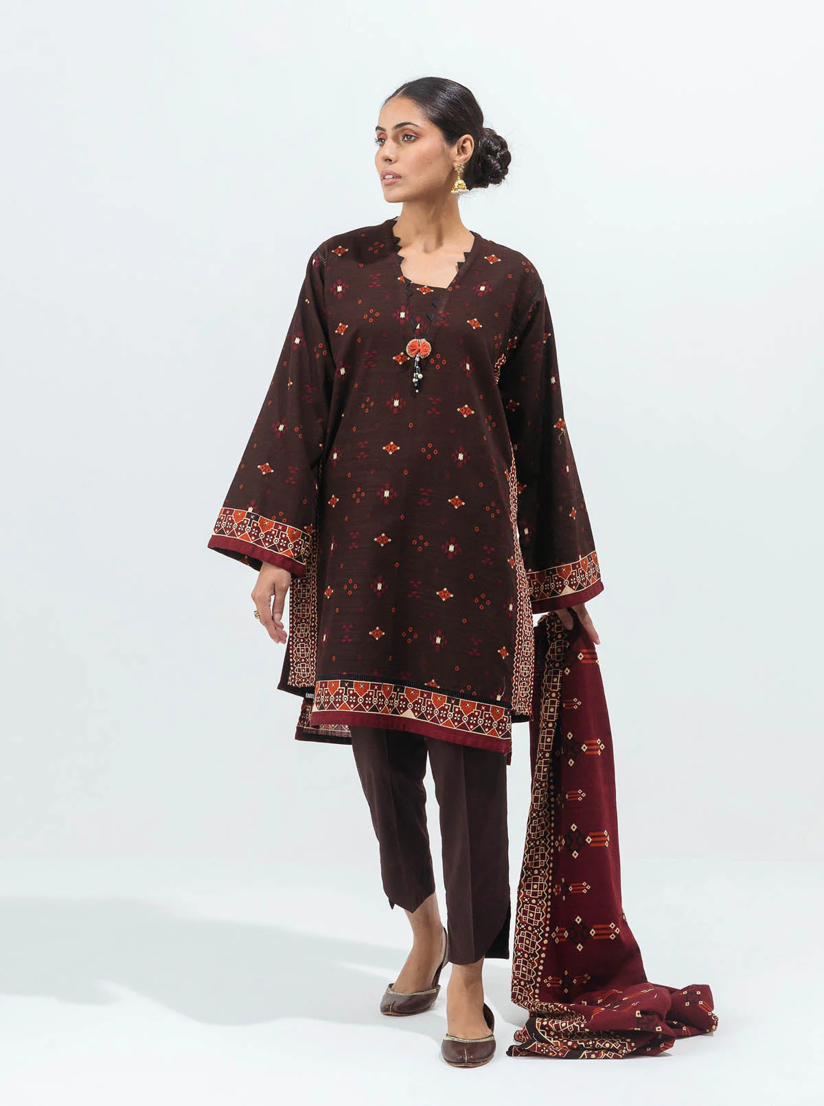 3 PIECE - PRINTED KHADDAR SUIT - DUSKY BROWN - Image 3