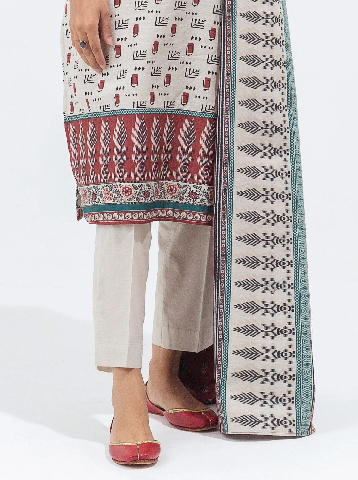 3 PIECE - PRINTED KHADDAR SUIT - IVORY CHALK - Image 2
