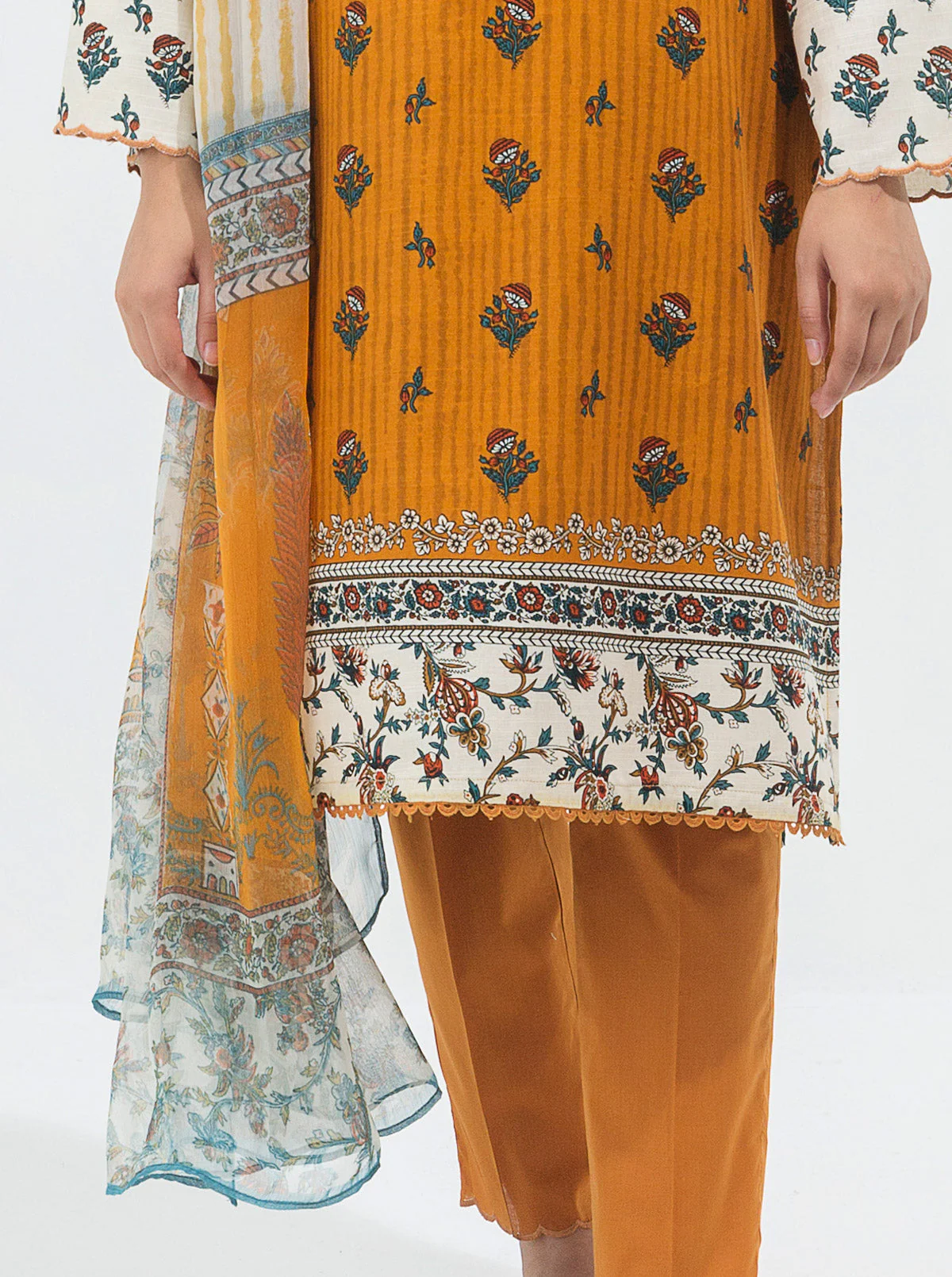 3 PIECE - PRINTED KHADDAR SUIT - OCHRE GOLD - Image 2