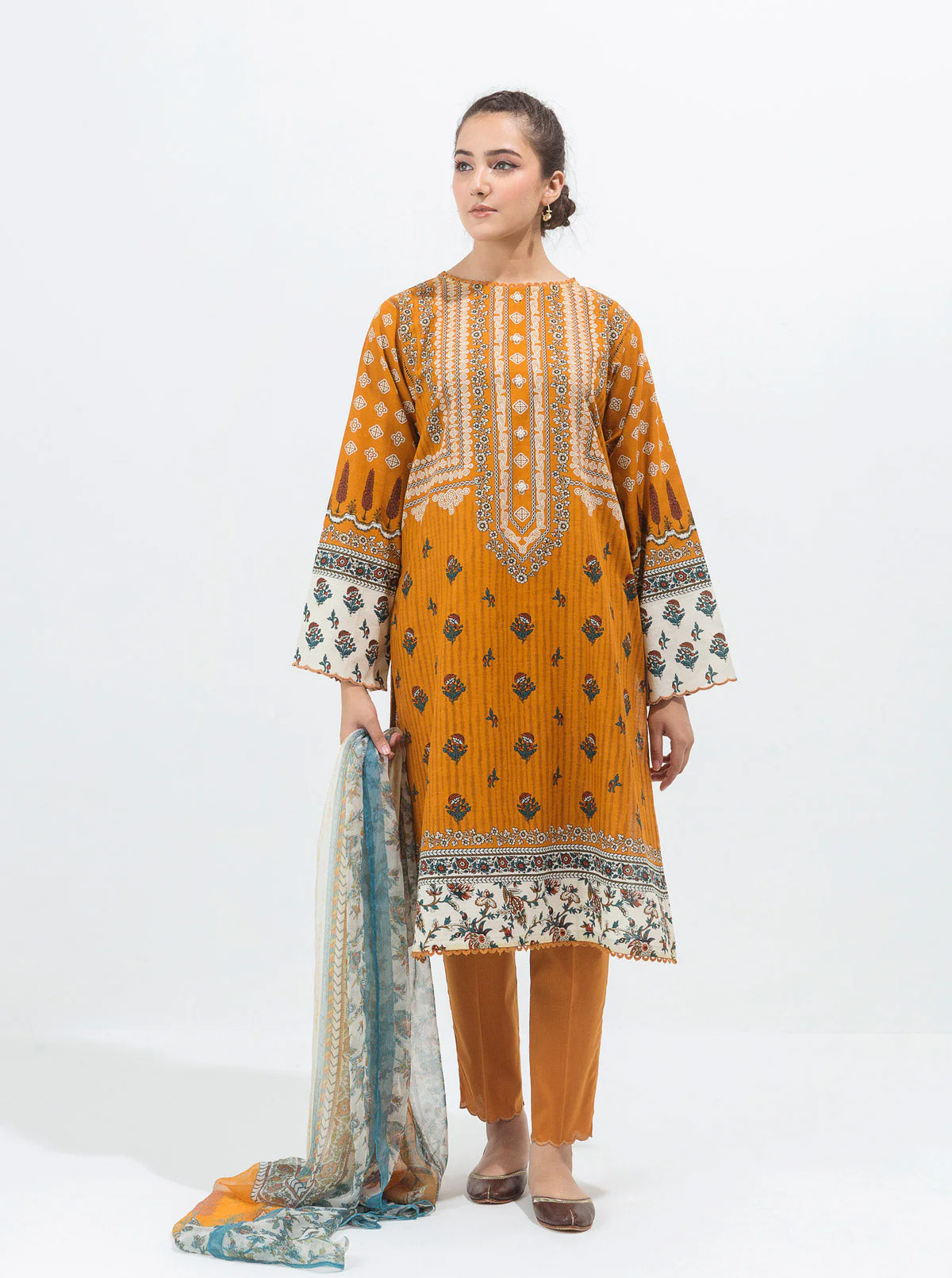 3 PIECE - PRINTED KHADDAR SUIT - OCHRE GOLD - Image 3