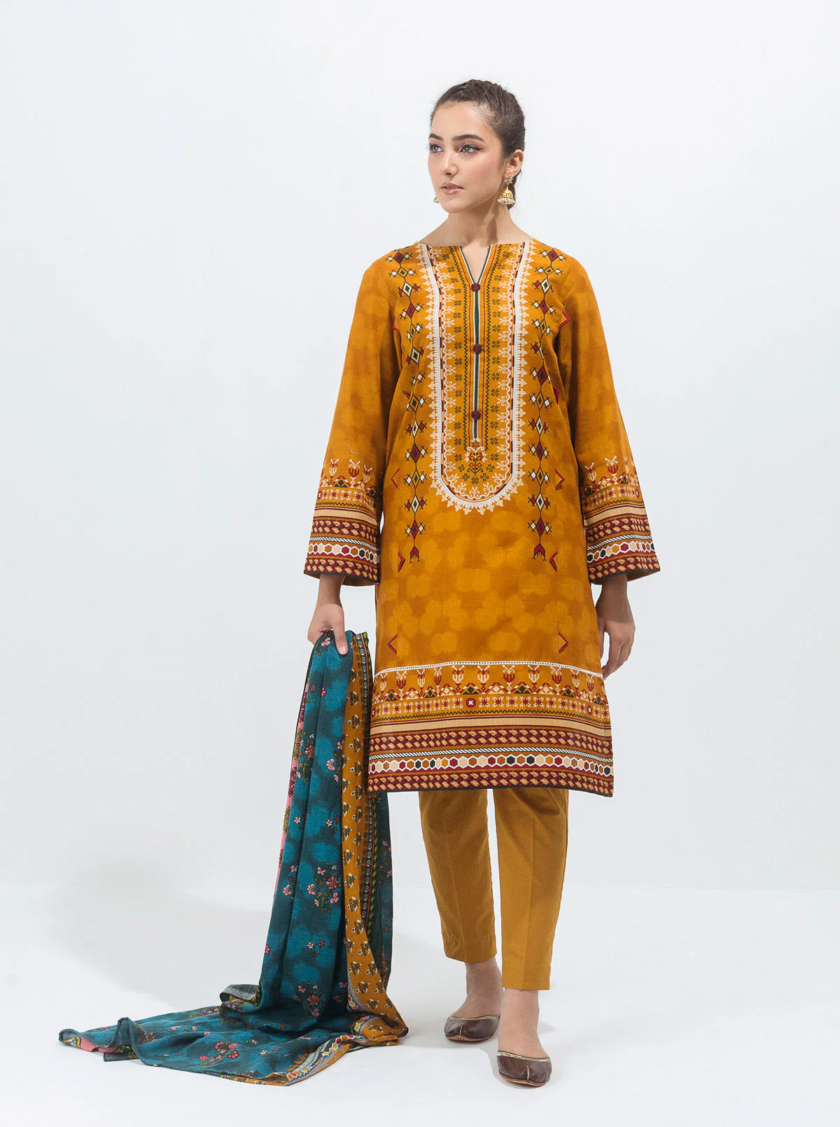 3 PIECE - PRINTED WITH SHAWL KHADDAR SUIT - AUTUMN ORNATE - Image 3