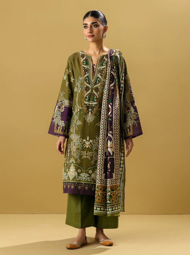 3 PIECE - PRINTED KHADDAR SUIT - RIDI OLIVE - Image 4
