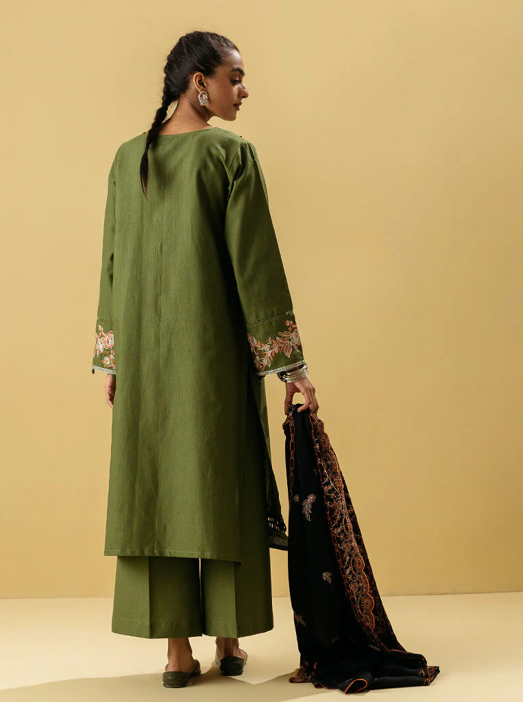 3 PIECE - EMBROIDERED WITH SHAWL  KHADDAR SUIT - SAGE BOUQUET - Image 3
