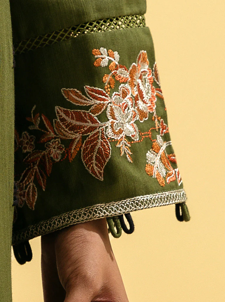3 PIECE - EMBROIDERED WITH SHAWL  KHADDAR SUIT - SAGE BOUQUET - Image 4