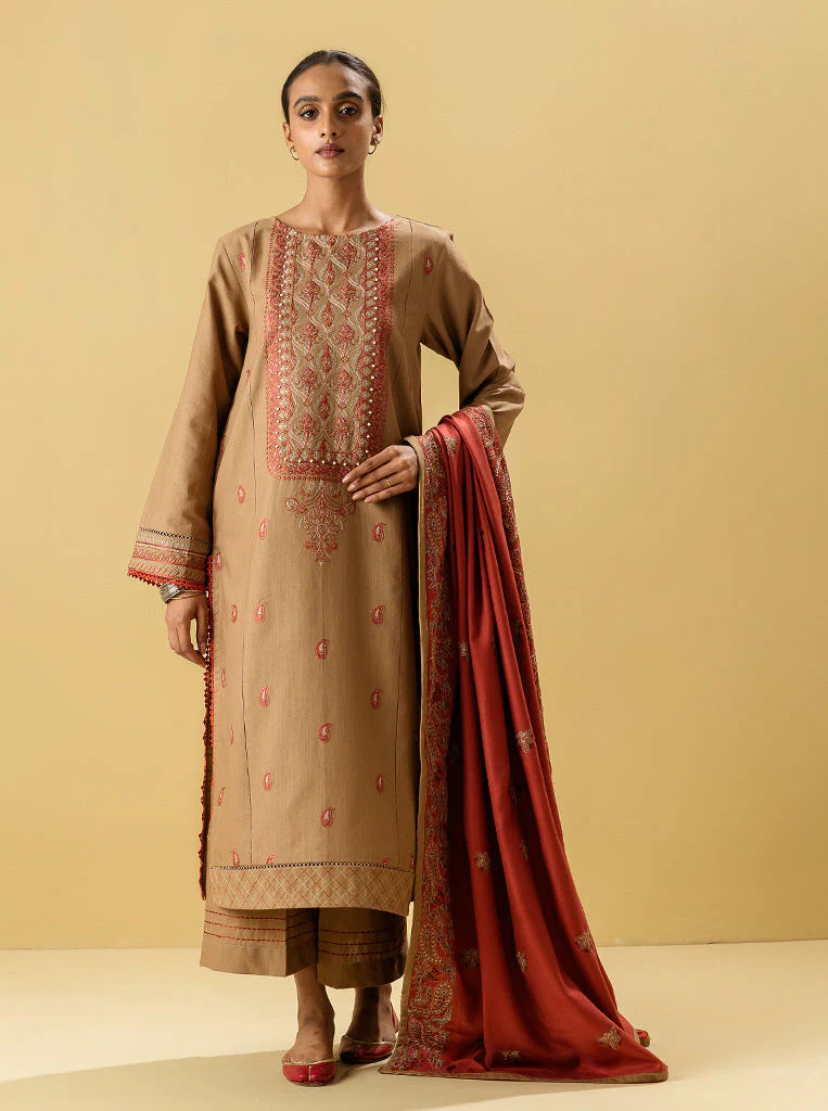 3 PIECE - EMBROIDERED WITH SHAWL  KHADDAR SUIT - GLEAM TAUPE - Image 2