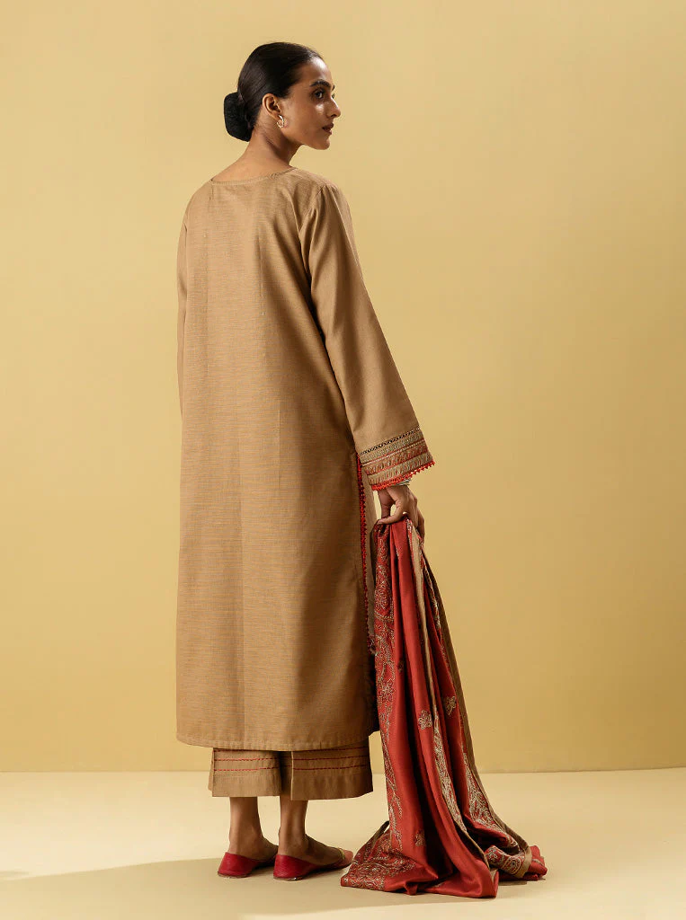 3 PIECE - EMBROIDERED WITH SHAWL  KHADDAR SUIT - GLEAM TAUPE - Image 3