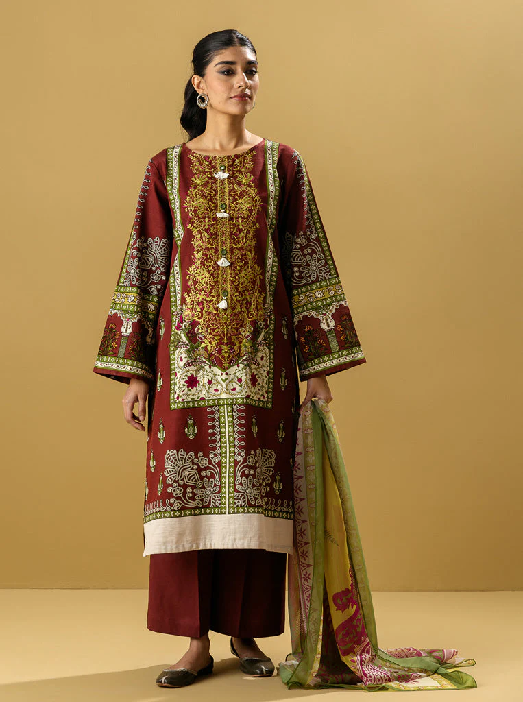 3 PIECE - EMBROIDERED  KHADDAR SUIT - ROSY RED - Image 3