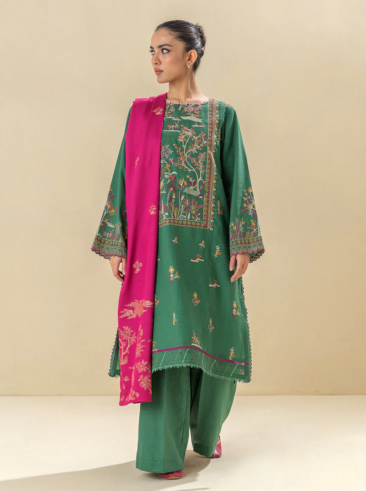 3 PIECE - EMBROIDERED  KHADDAR SUIT - SATIN MOSS - Image 2