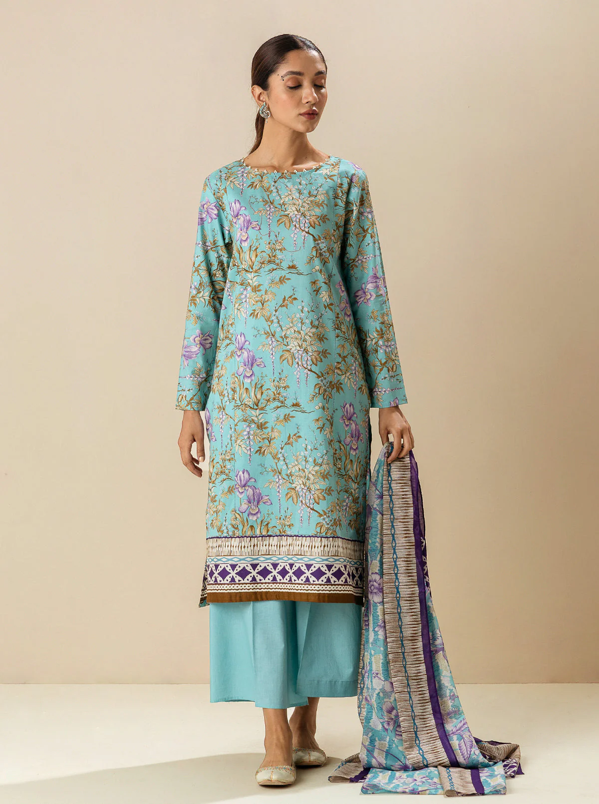 2 PIECE - PRINTED LAWN SUIT - AQUA TULIP - Image 4