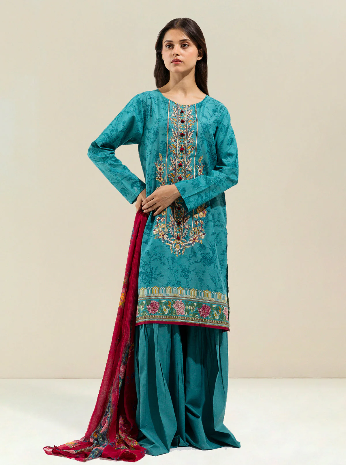 2 PIECE - EMBROIDERED LAWN SUIT - VIVID CERRULEAN - Image 2