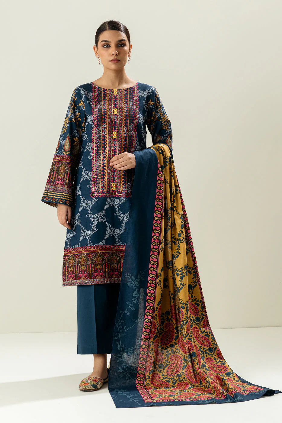 3 PIECE - EMBROIDERED  KHADDAR SUIT - DENIM - Image 5