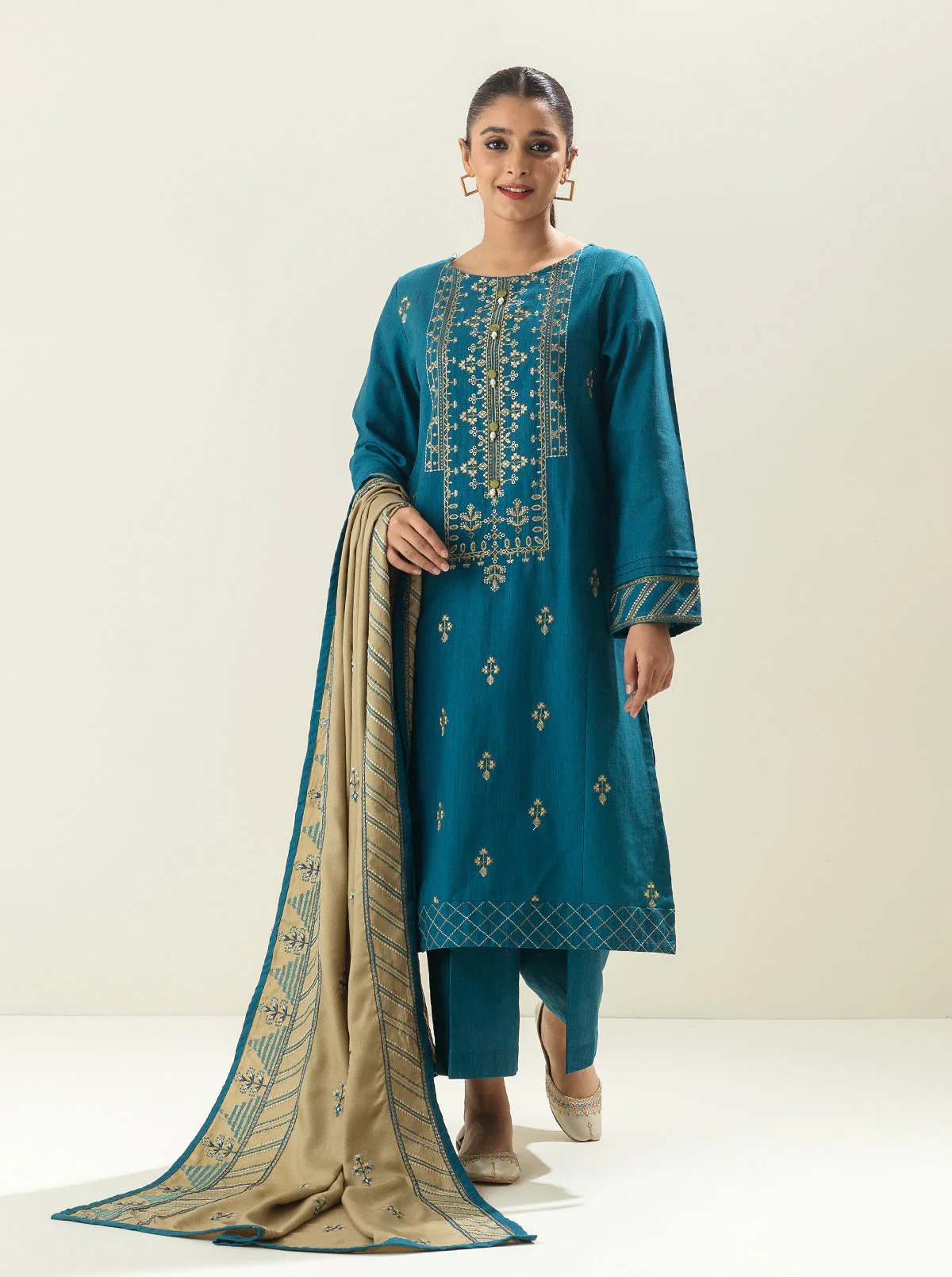 3 PIECE - EMBROIDERED KHADDAR SUIT WITH EMBROIDERED SHAWL - TEAL MANIA - Image 2