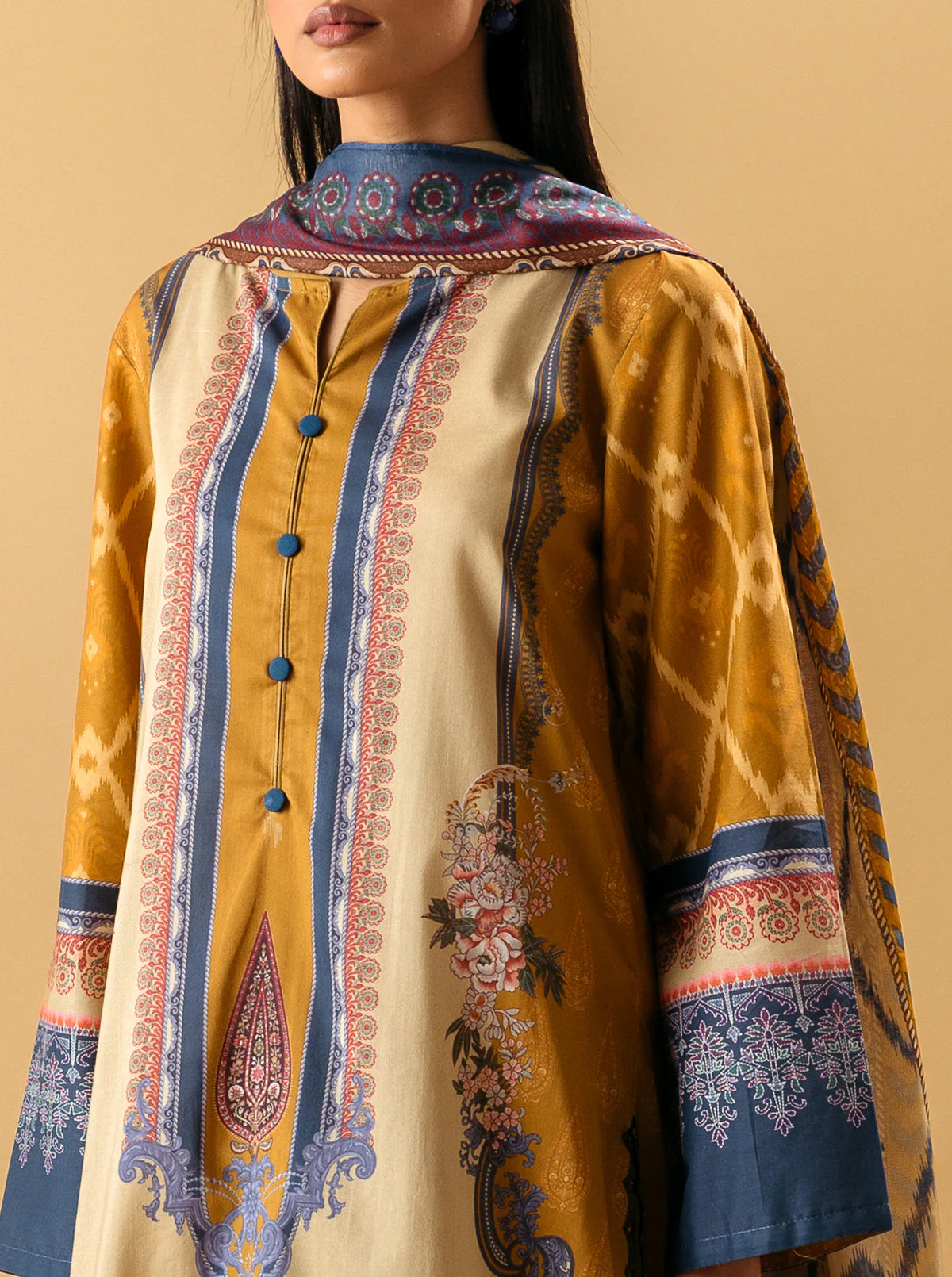 3 PIECE - PRINTED LAWN SUIT - MUTED  MUSTARD - Image 2