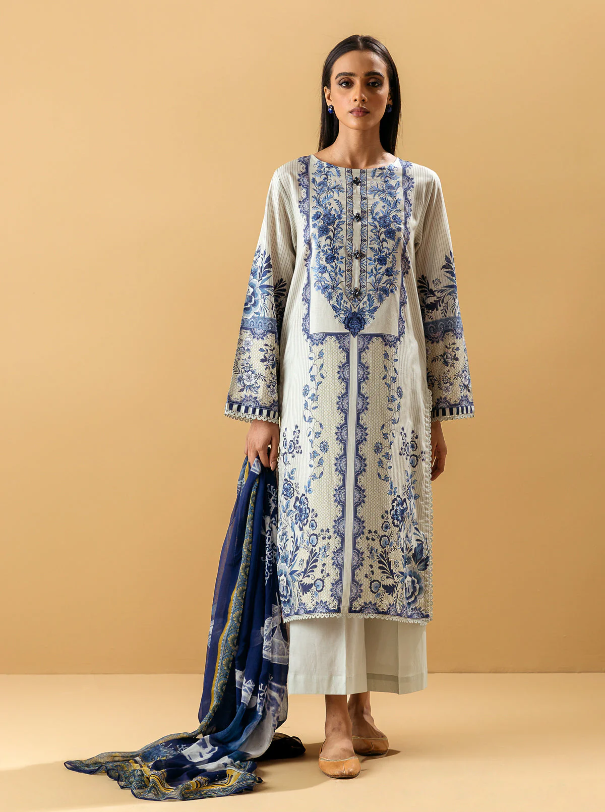 3 PIECE - EMBROIDERED LAWN SUIT - PORCELAIN GARDEN - Image 5