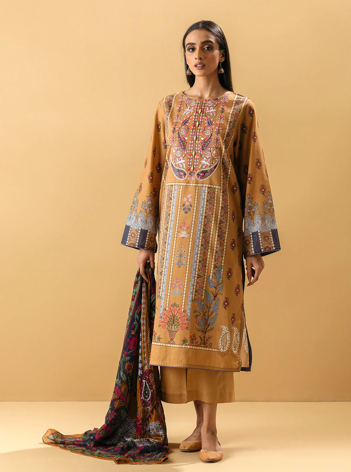 3 PIECE - EMBROIDERED LAWN SUIT - APRICOT TAN - Image 4