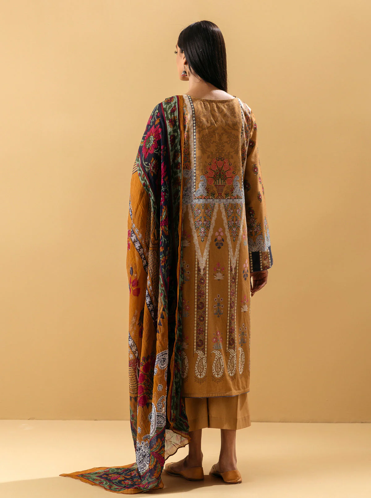 3 PIECE - EMBROIDERED LAWN SUIT - APRICOT TAN - Image 5