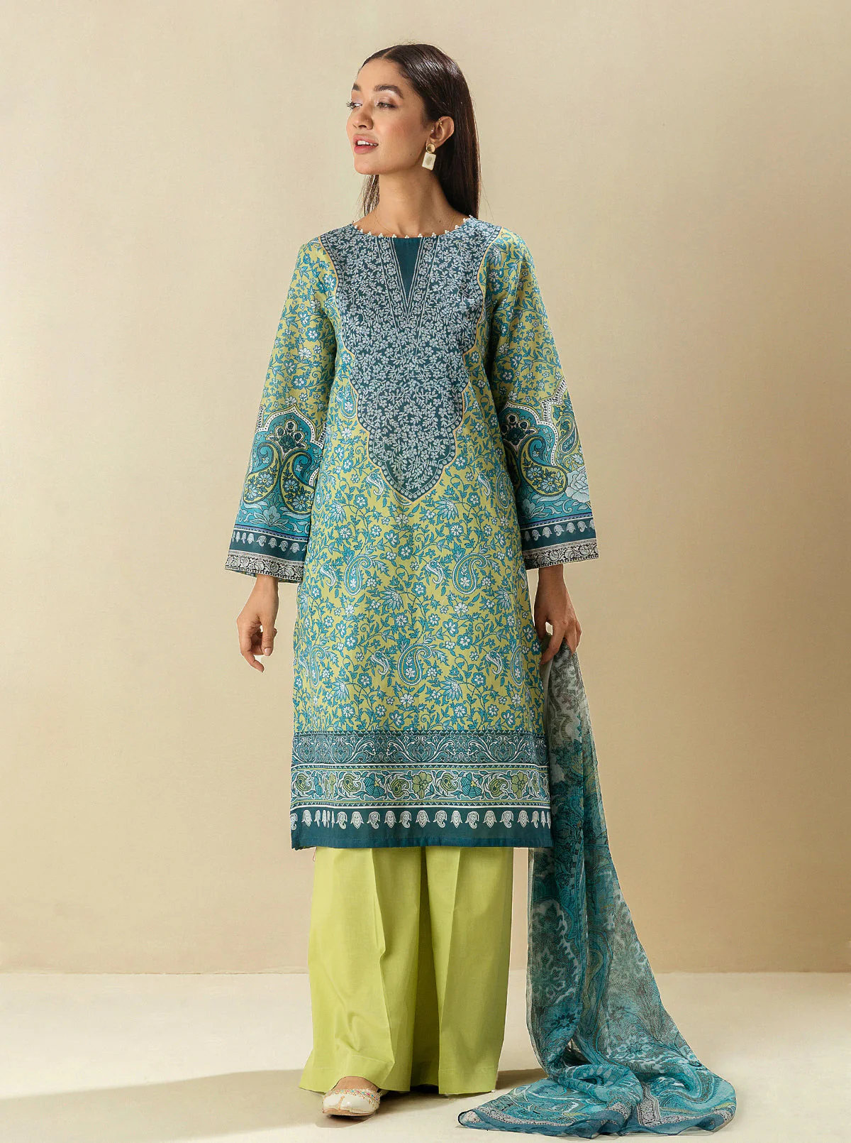 3 PIECE - PRINTED LAWN SUIT - LIME GARDEN - Image 2