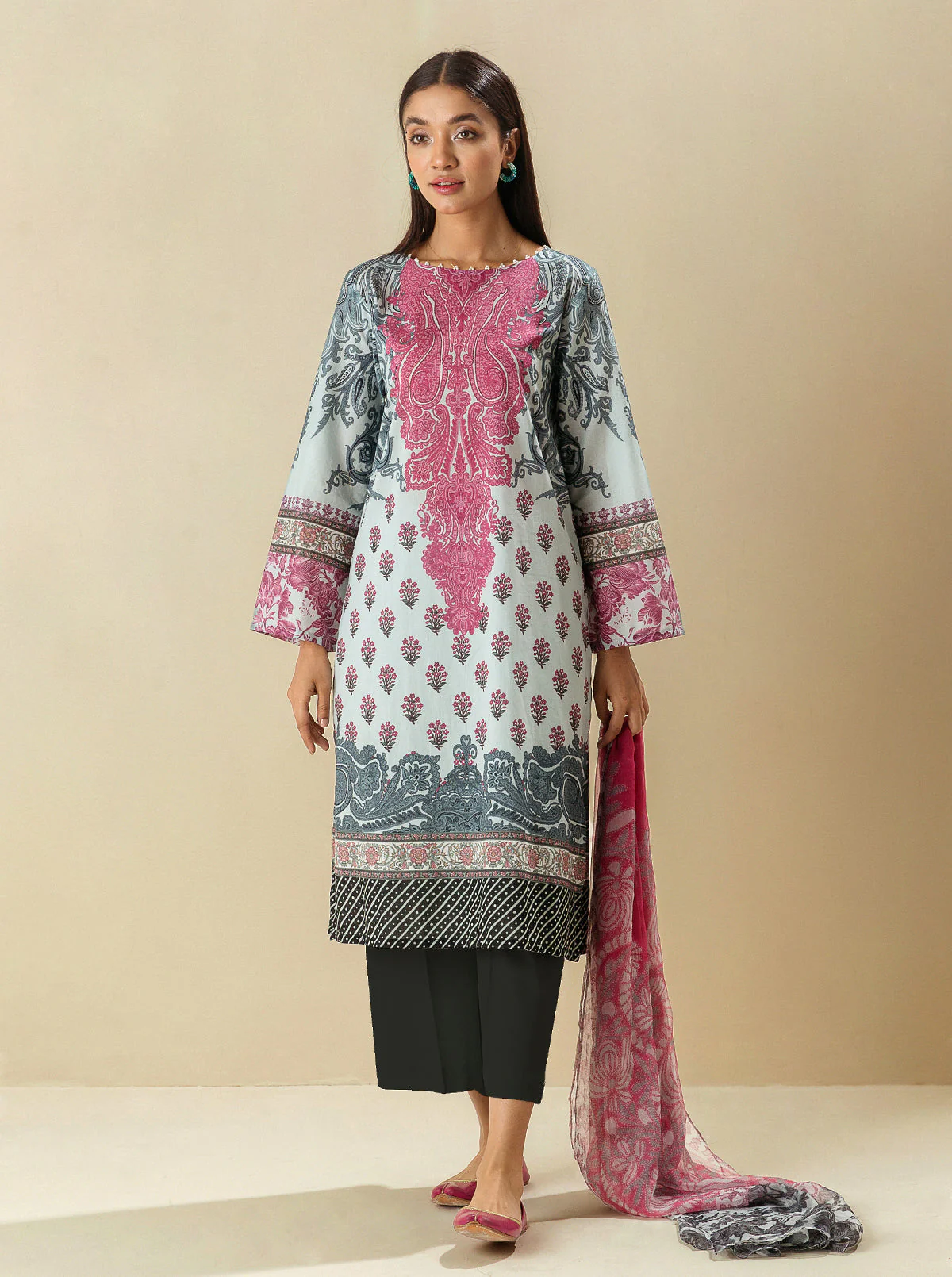3 PIECE - PRINTED LAWN SUIT - BEETROOT TRACE - Image 2