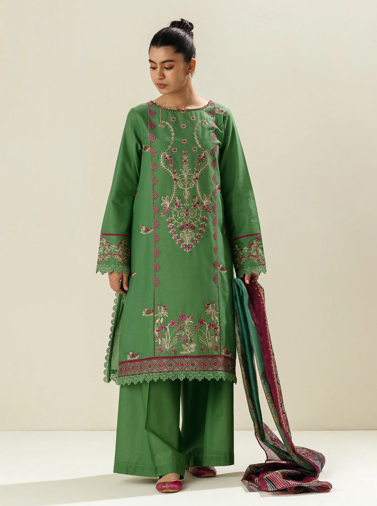 3 PIECE - EMBROIDERED LAWN SUIT - GREEN QUIETNESS - Image 4