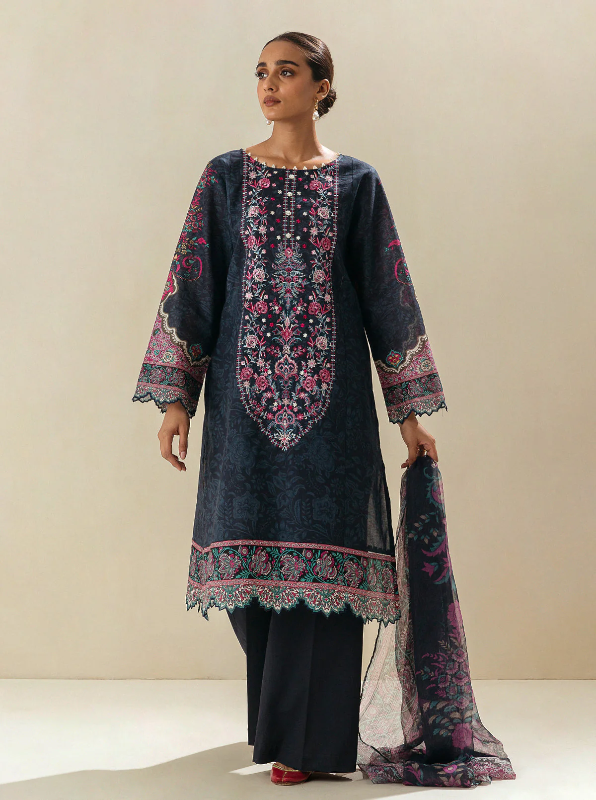 3 PIECE - EMBROIDERED LAWN SUIT - BARITONE BRICKS - Image 2