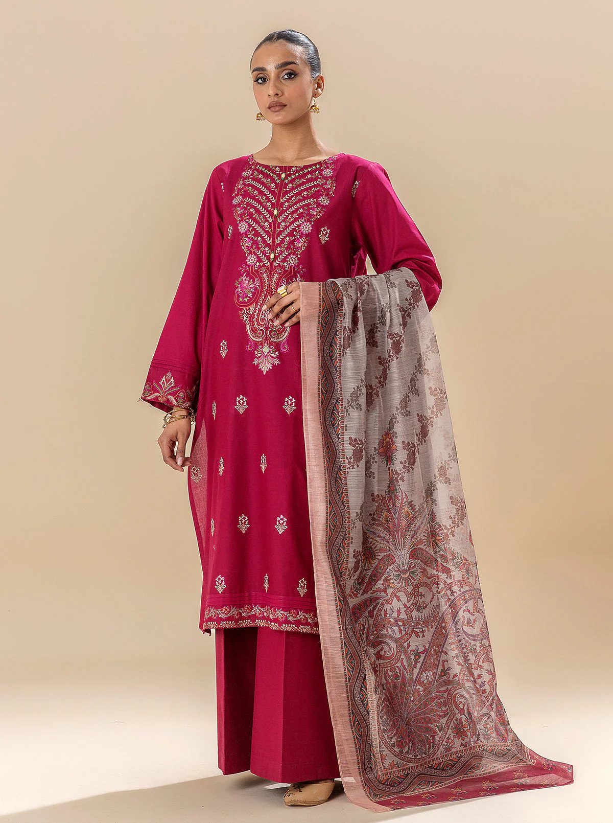 3 PIECE EMBROIDERED LAWN SUIT-RASPBERRY COULIS (UNSTITCHED) - Image 4